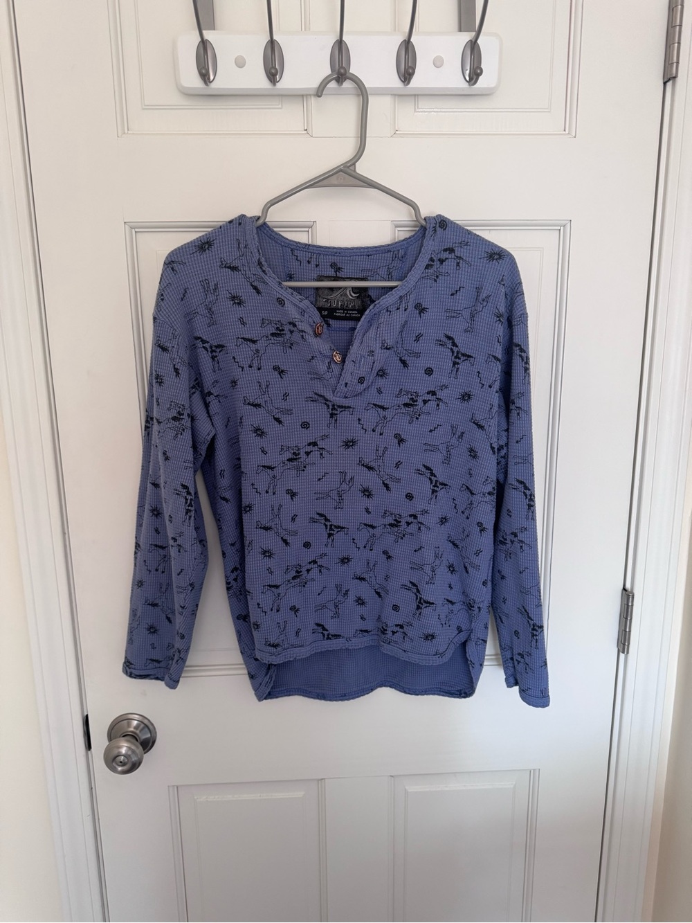 Vintage style Horse Print Waffle Knit Thermal Henley Long Sleeve